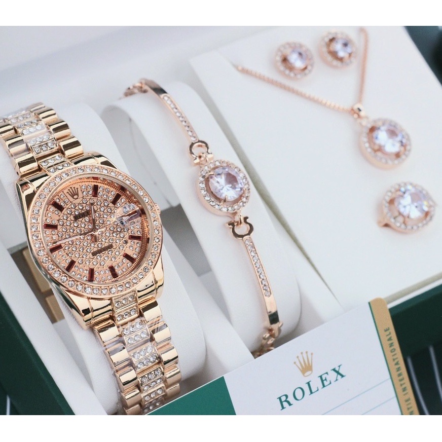 PROMO✅ Jam Tangan R0LEX 3828Wanita Gift Set Kalung Anting Cincin Dan Box Full Set Plus Paperbag