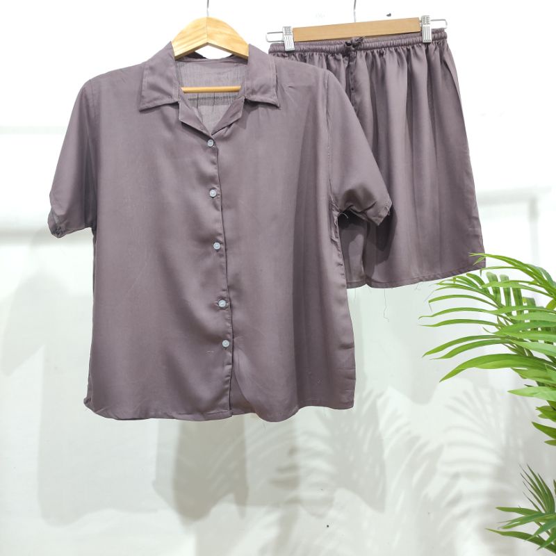 PIYAMA KANCING PENDEK | PIYAMA RAYON | BAJU TIDUR RAYON-KCB BURGUNDY