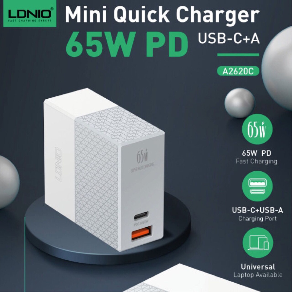 Travel Charger LDNIO A2620c USB Type C To Lightning 65W GAN Fast Charging OCEANMART OCEAN MART Aksesoris Handphone HP Murah Grosir