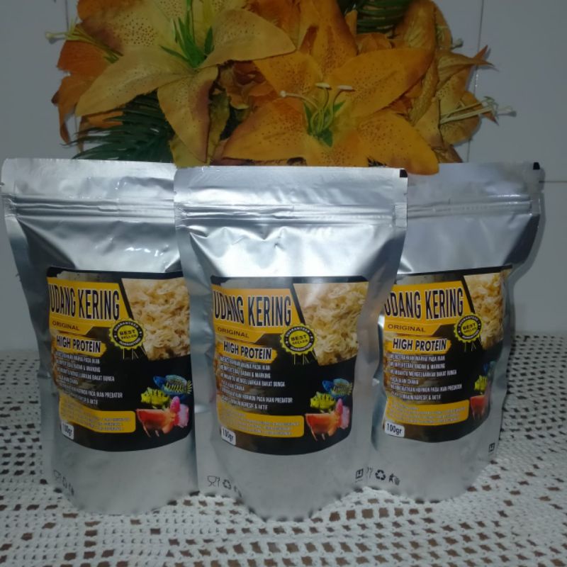 Udang Kering 100gr (Original) Kualitas Super Pakan Ikan Chana,Arwana,Louhan,Pbass,Oscar