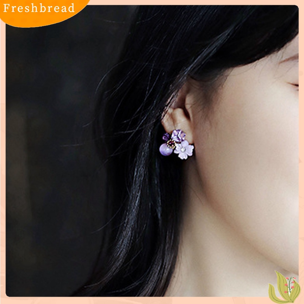 Fresh| 1 Pasang Anting Stud Desain Bunga Ungu Aksen Berlian Imitasi Untuk Wanita