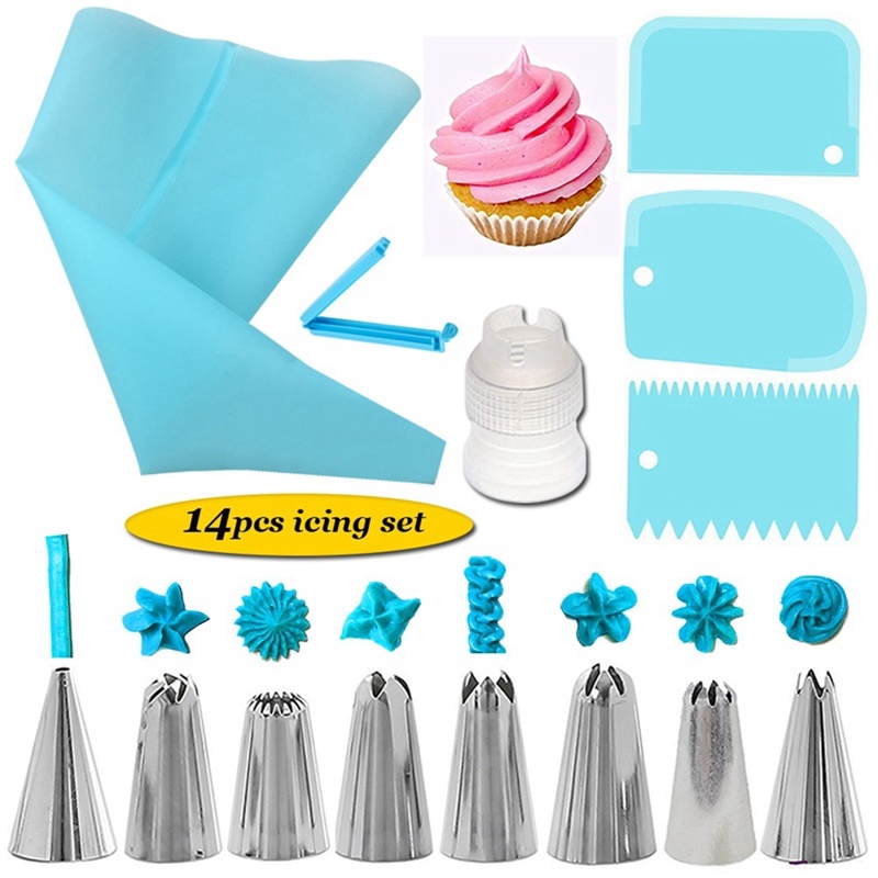 14Pcs/Set  Silicone Icing Piping Cream Pastry Bag With Stainless Steel Nozzle DIY Cake Decorating Tips Set / Reusable Pastry Bags Nozzle