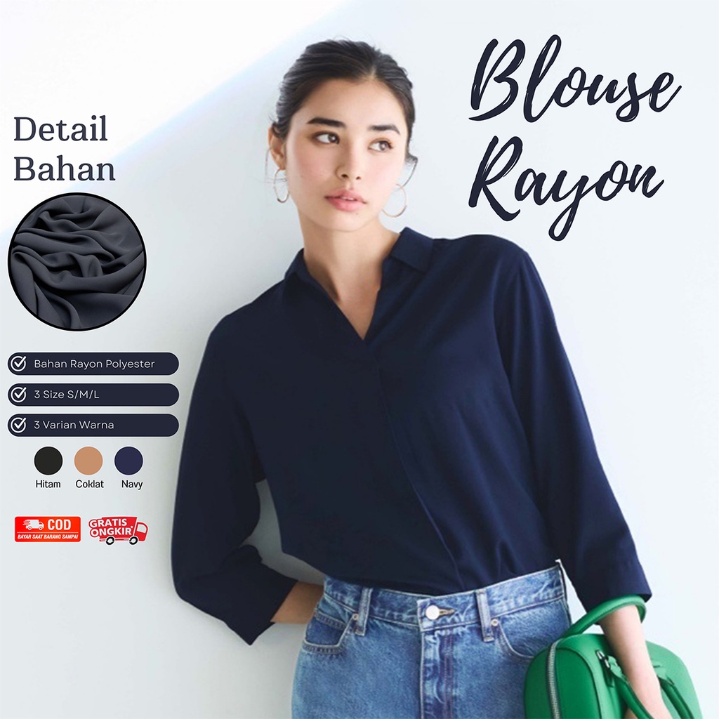 Blouse Rayon V Neck Lengan Panjang Wanita Korean Style Blus Kemeja Atasan Wanita Long Sleeve