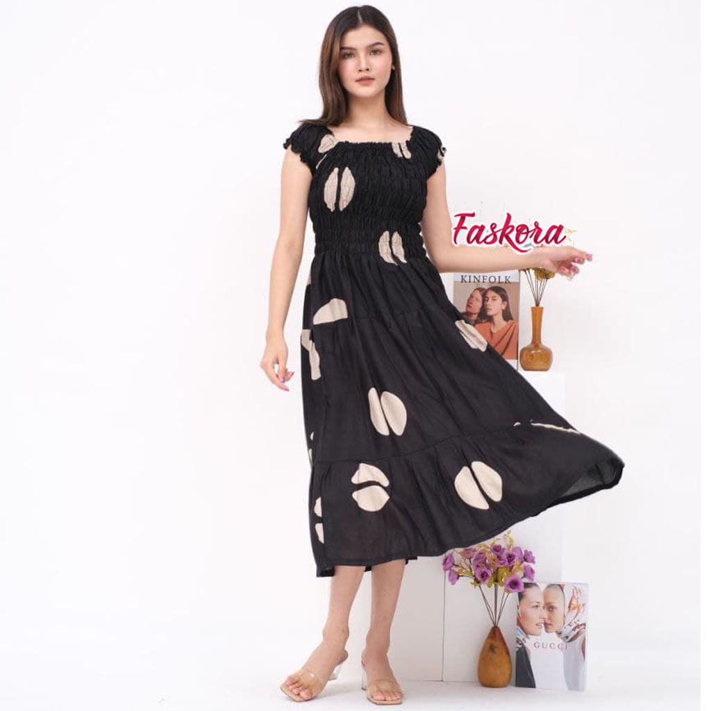 Bohemian Dress Big Size Jumbo Fashion Muslim Panjang Wanita Lengan Pendek Canda Kopi Anemone