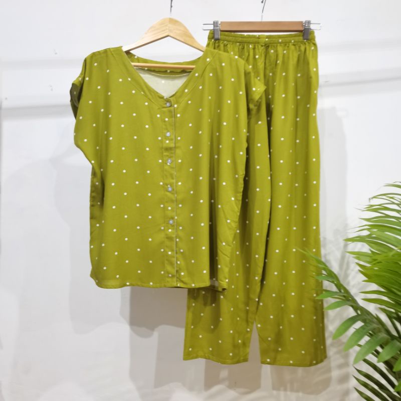 PIYAMA KANCING HITS NON KERAH/V-NECK PIYAMA KANCING BUSUI | PIYAMA RAYON | HOMEWEAR-NK AX