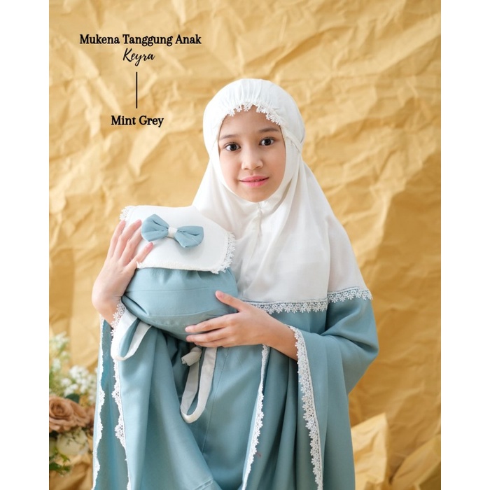MUKENA RAYON TANGGUNG ANAK KEYRA (MINT GREY) Mukenah Renda Rajut Bahan Jersey Katun Tanggung Kombina