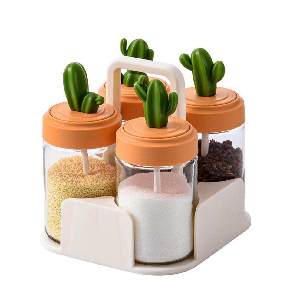 VS BG - Set 4pcs+Holder Botol Bumbu Kaca Sendok Handle Kaktus Tempat Bumbu Dapur Rempah Garam