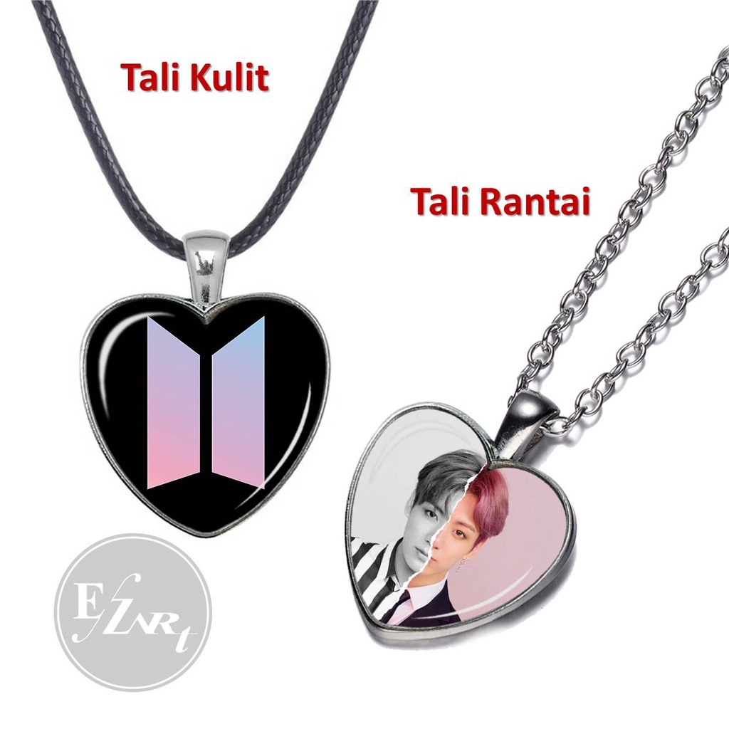 BISA CUSTOM - KALUNG BTS BANGTAN FOTO MEMBER KPOP LIONTIN BENTUK HATI CINTA KACA CEMBUNG TALI KULIT RANTAI STAINLESS STEEL