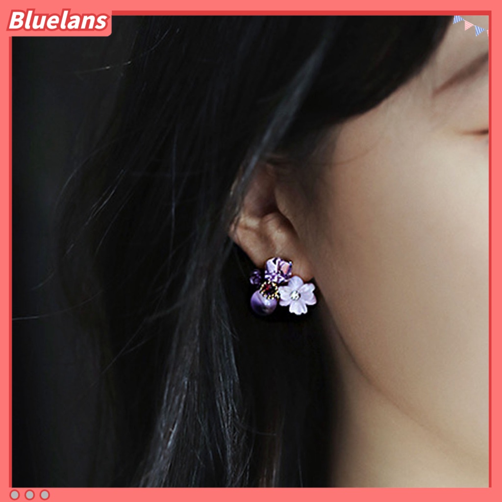 Bluelans 1 Pasang Anting Stud Desain Bunga Ungu Aksen Berlian Imitasi Untuk Wanita
