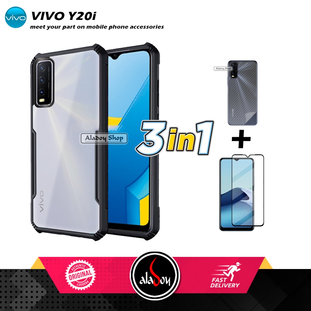 Case VIVO Y20i Armor Fushion Transparent Casing + Tempered Glass Full Layar dan Skin Carbon