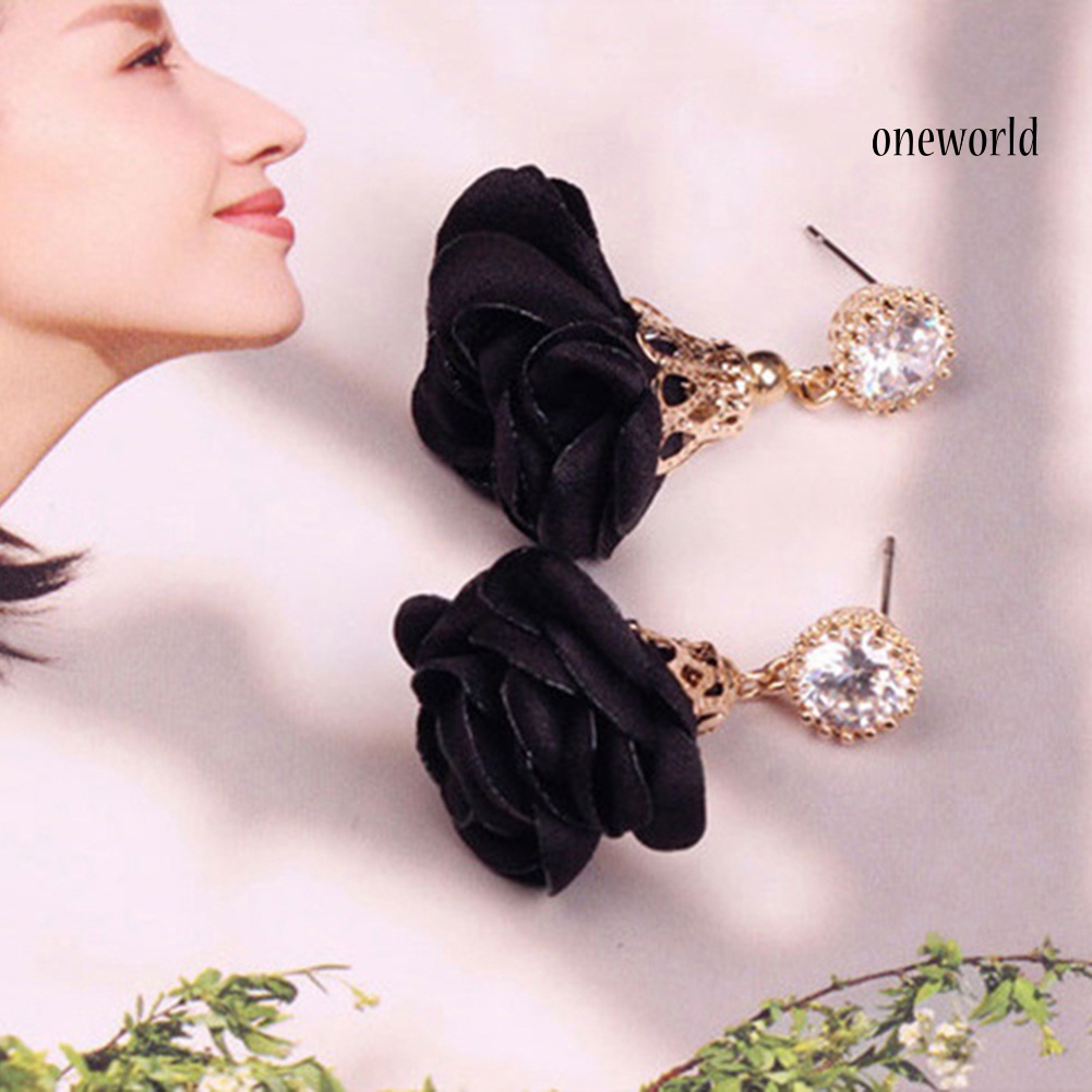 OW@ Vintage Cloth Flower Rhinestone Pendant Earrings Women Ear Studs Party Decor