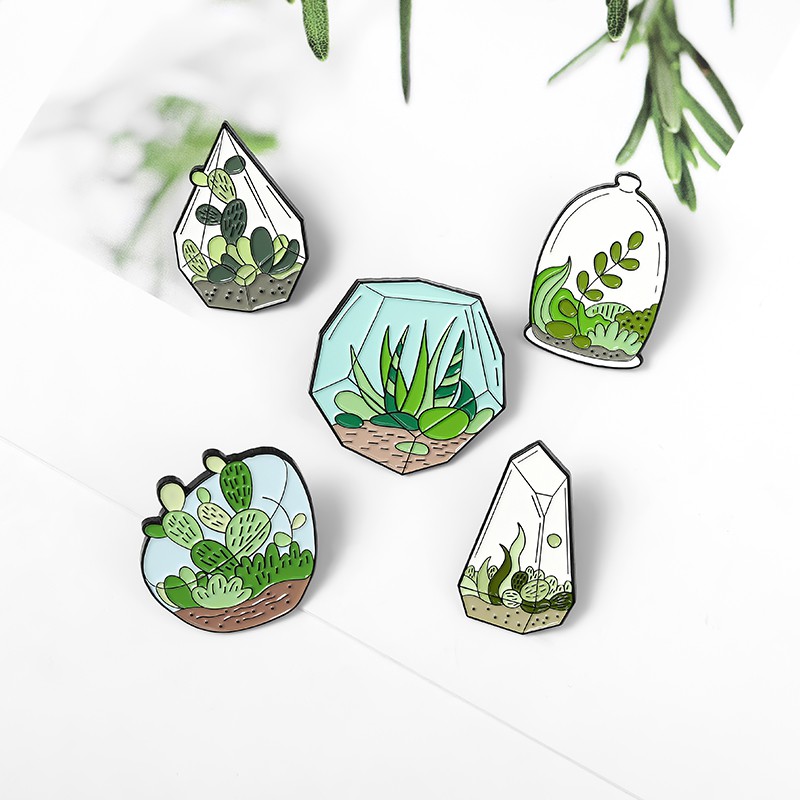 Bros Pin Enamel Desain Tanaman Pot Kaktus Aloe Hijau Untuk Hadiah Teman