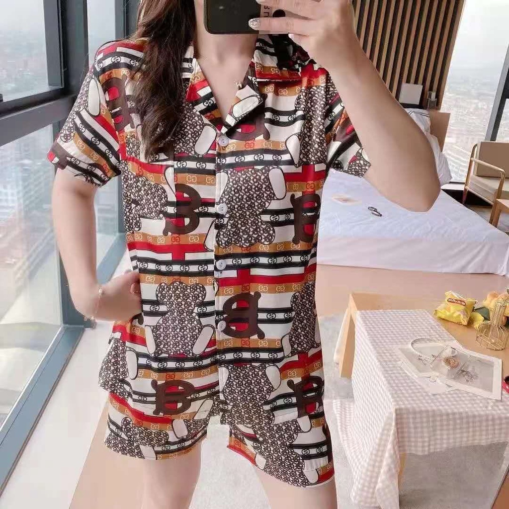 Baju Tidur Set Kemeja Satin Premium Lengan Pendek Celana Pendek Piyama Wanita Import HPS