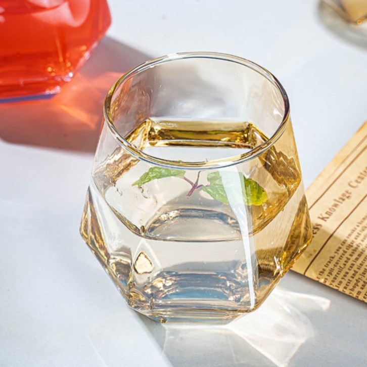 Gelas Estetik Hexagonal Gold - Gelas Bir - Gelas Cafe - Gelas Kaca Unik - Gelas Kaca