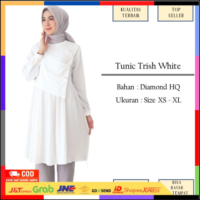 ✨ BISA COD ✨ Atasan Tunik Warna Putih Kombinasi Plisket Variasi Pita Size XL M1238 - XS