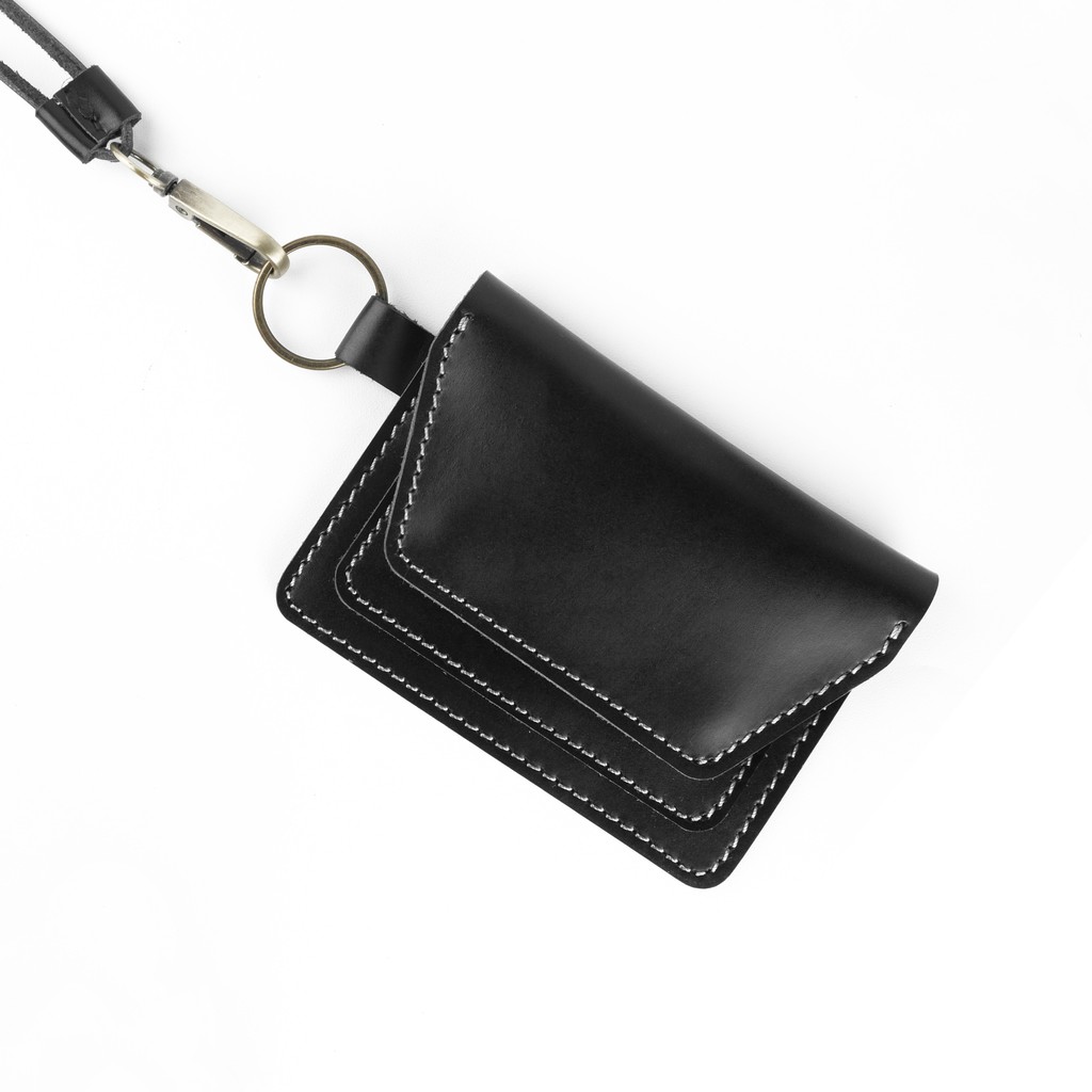 Dompet Kartu Uang Simpel Kulit Asli Dengan Tali Leher Hanging Wallet Model Kancing