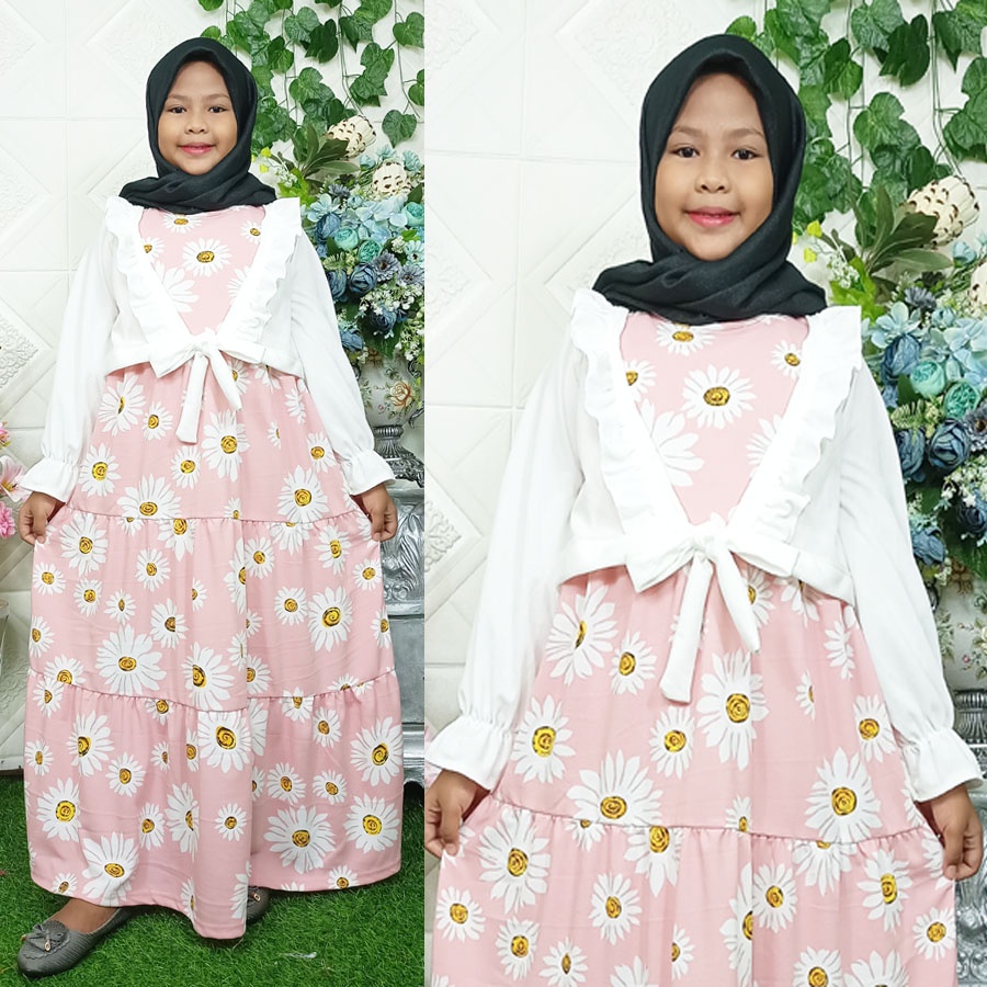 CARLINA – Gamis Anak Rompi Putih Ruffle Bunga Muslimah Kaaffah 3-13 tahun Dress Panjang Kids