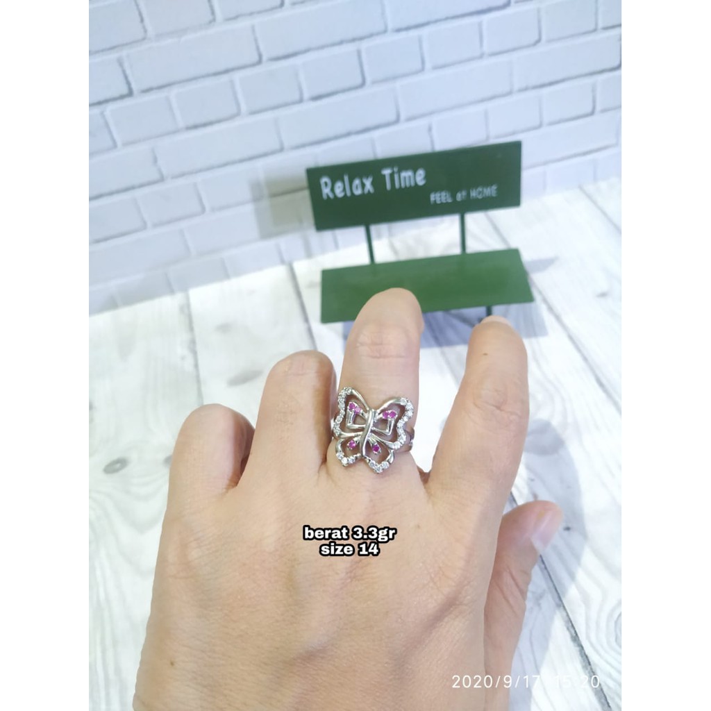 CINCIN KUPU-KUPU MATA PINK PUTIH PERAK ASLI S925 KODE CE041