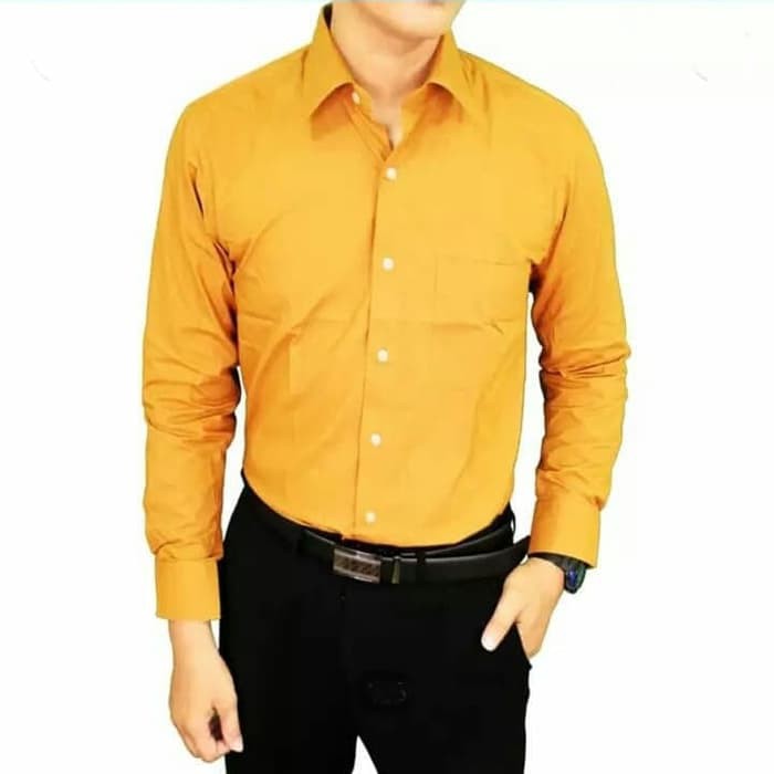 Kemeja Panjang Formal Polos Pria Kantor Kuning Labu Bahan Katun M,L,XL Dovizio