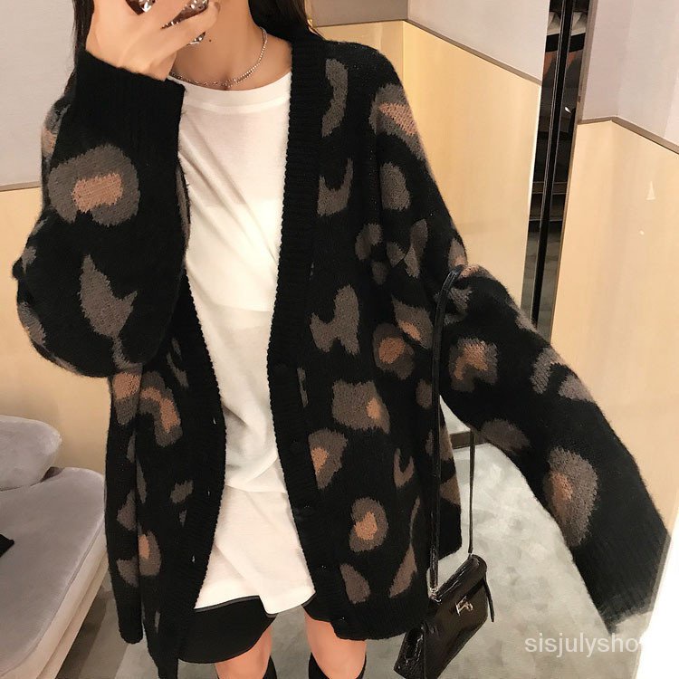 #Sisjuly# Wanita Longgar Sweater Jaket Wanita Leopard Print Retro Lengan Panjang Kardigan Rajut