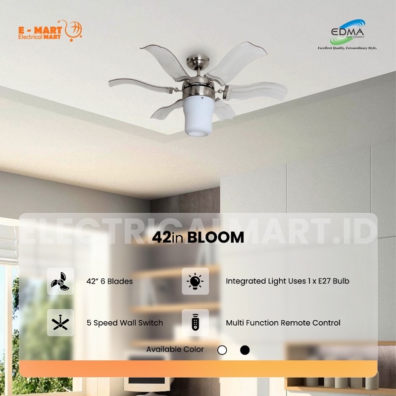 Kipas Angin Plafon Ceiling FAN EDMA BLOOM 42” inch Gantung Remote Control BRUSH NICKEL BLACK CHROME