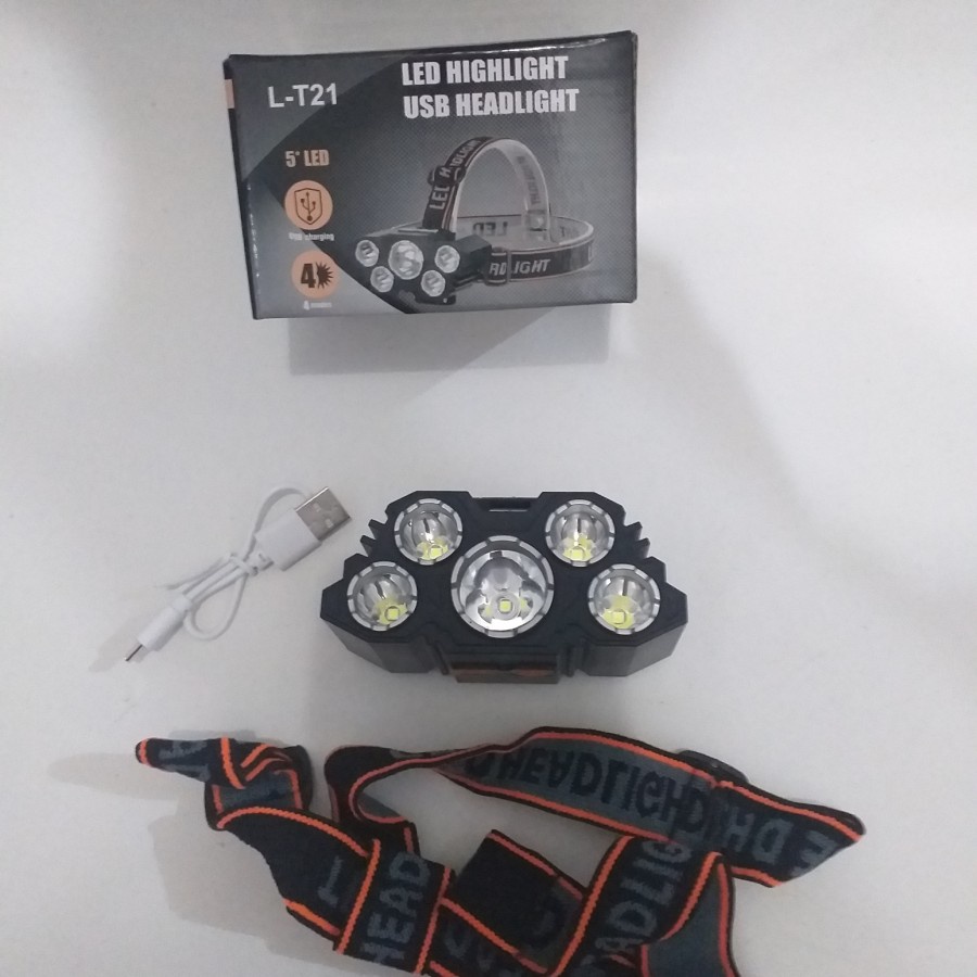 Senter Kepala Head Light 5 LED 4 Mode / Head Lamp USB Charge L-T21/Senter GOOD OKE