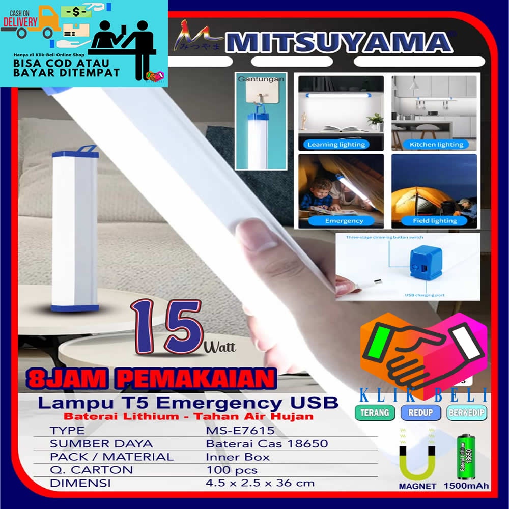 Lampu T5 USB Emergency Mitsuyama Charger Portable LED 5V Bohlam SMD Putih Rechargeable 10W / 15W / 30W