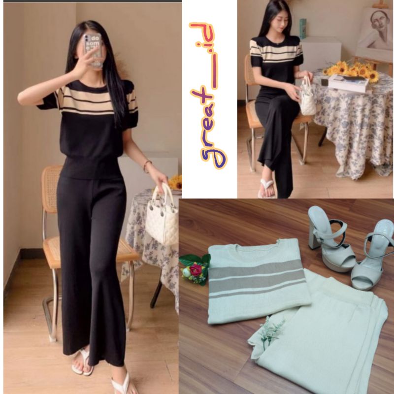 ONE SET RAJUT PREMIUM IMPORT (COD)-Pendek Cream Strip
