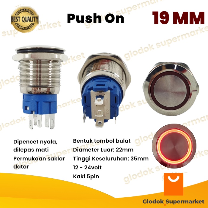 Switch Metal 19mm Push On 5 Pin Saklar Lampu Stainless 19 mm LED Tombol 12v 24v Momentary