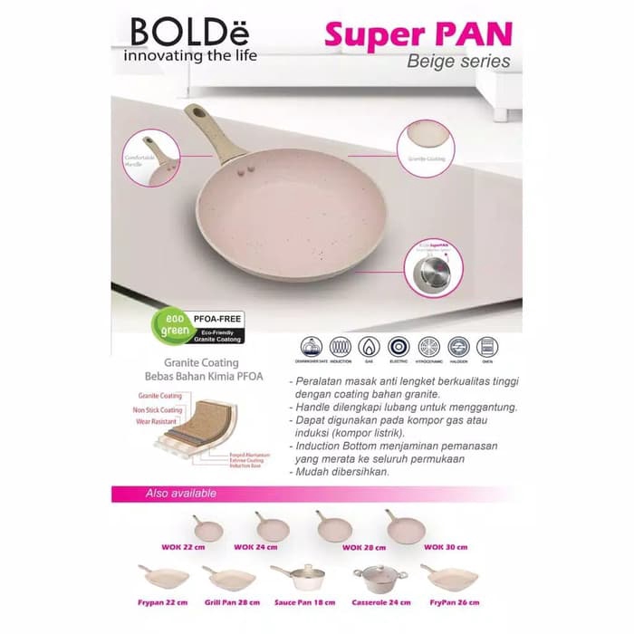 Wajan Granite coating BOLde superpan Wok pan 26cm Beige induksi