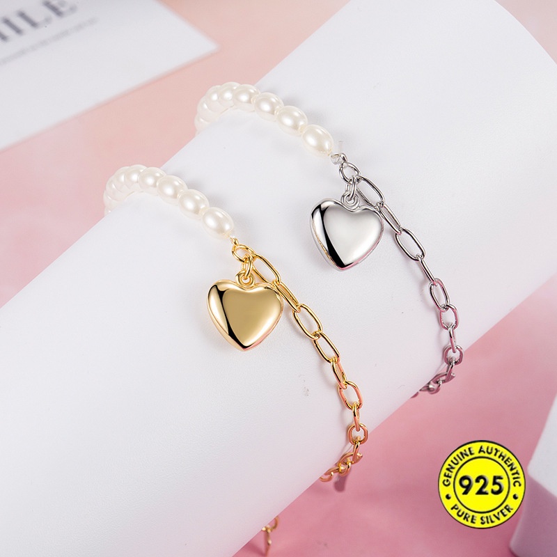 Gelang Bahan S925 Silver Aksen Mutiara Bentuk Hati Dua Warna