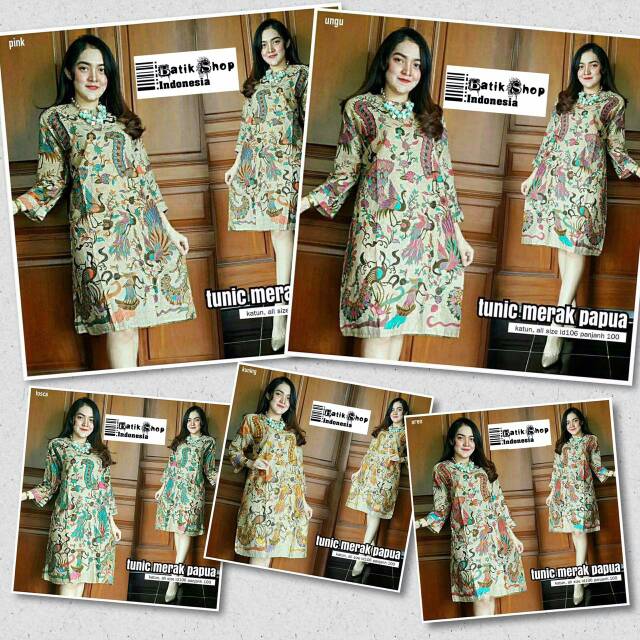 Dress Merak Papua Batik Modern Baju Kerja Kantoran Muslim Guvi Cindrawasih Kasuari Gading