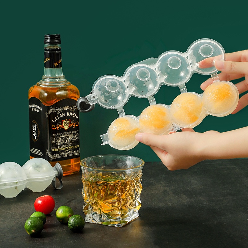 1pc Cetakan Es Batu Bentuk Bulat 4 Lubang Bahan Silikon Flexible Untuk Whiskey Cocktail