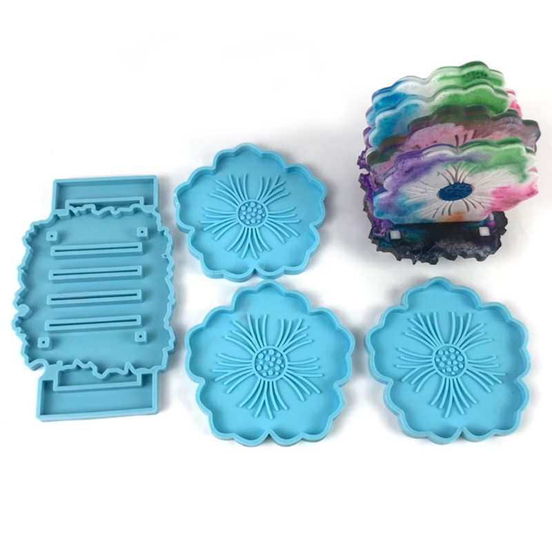 SIY  1 Set Cup Mat Pad Silicone Mould DIY Crafts Casting Tool Flower Shape Coaster with Storage Rack Epoxy Resin Mold