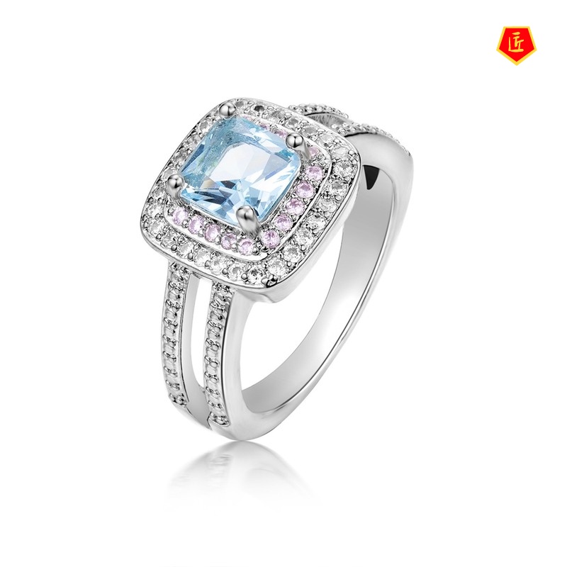 [Ready Stock]Simple Elegant Full Diamond Sea Blue Topaz Ring