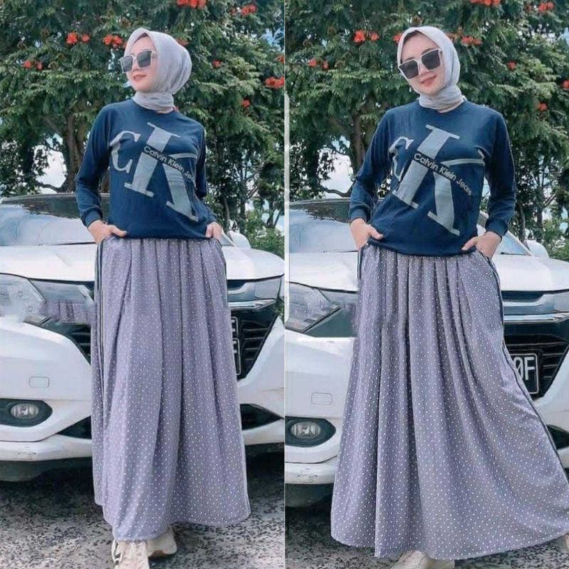 AZ NEW SET ROK BLOUSE BAHAN BABYTERY PINGGANG KARET KANTONG KANAN KIRI / SET ROK FASHION / SETELAN ROK WANITA-Ck Navy