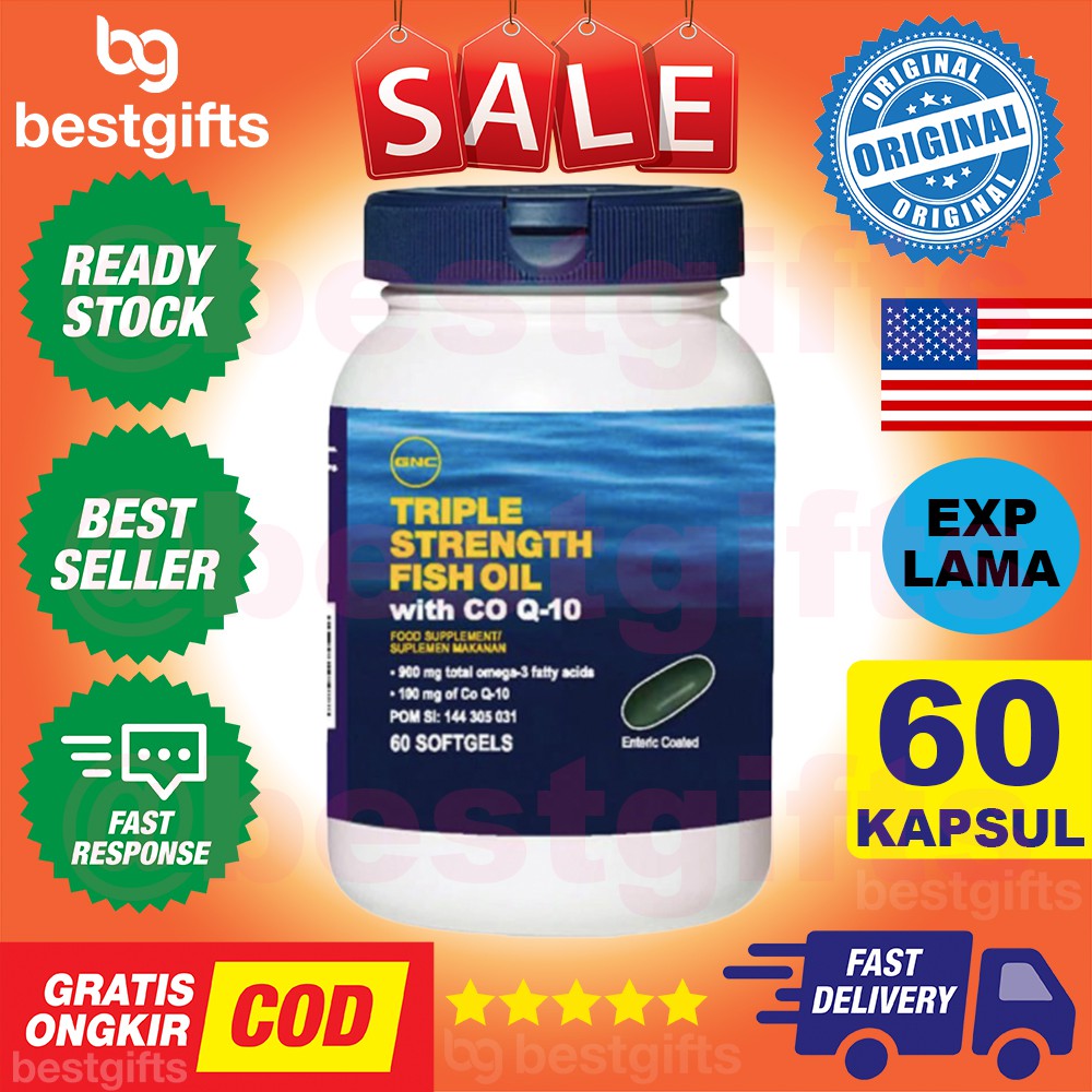 GNC TRIPLE STRENGTH FISH OIL WITH COQ10 OMEGA 3 MINYAK IKAN CO Q10 KOLESTEROL SENDI STROKE 60 KAPSUL