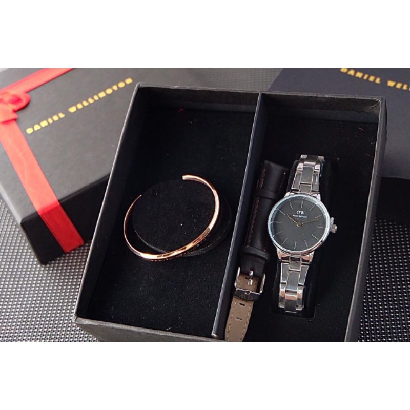JAM TANGAN WANITA DW RANTAI FREE TALI KULIT + GELANG DW || DIAMETER 3.2 CM ||