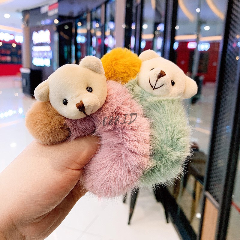 Ikat Rambut Scrunchie Bulu Lembut Tebal Model Kepala Beruang Teddy Bear untuk Wanita Anak Dewasa KCR 03