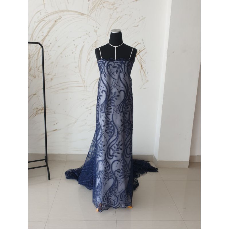Kain Tulle / Tile Bordir Salur Daun Premium Navy Blue (Biru Tua)