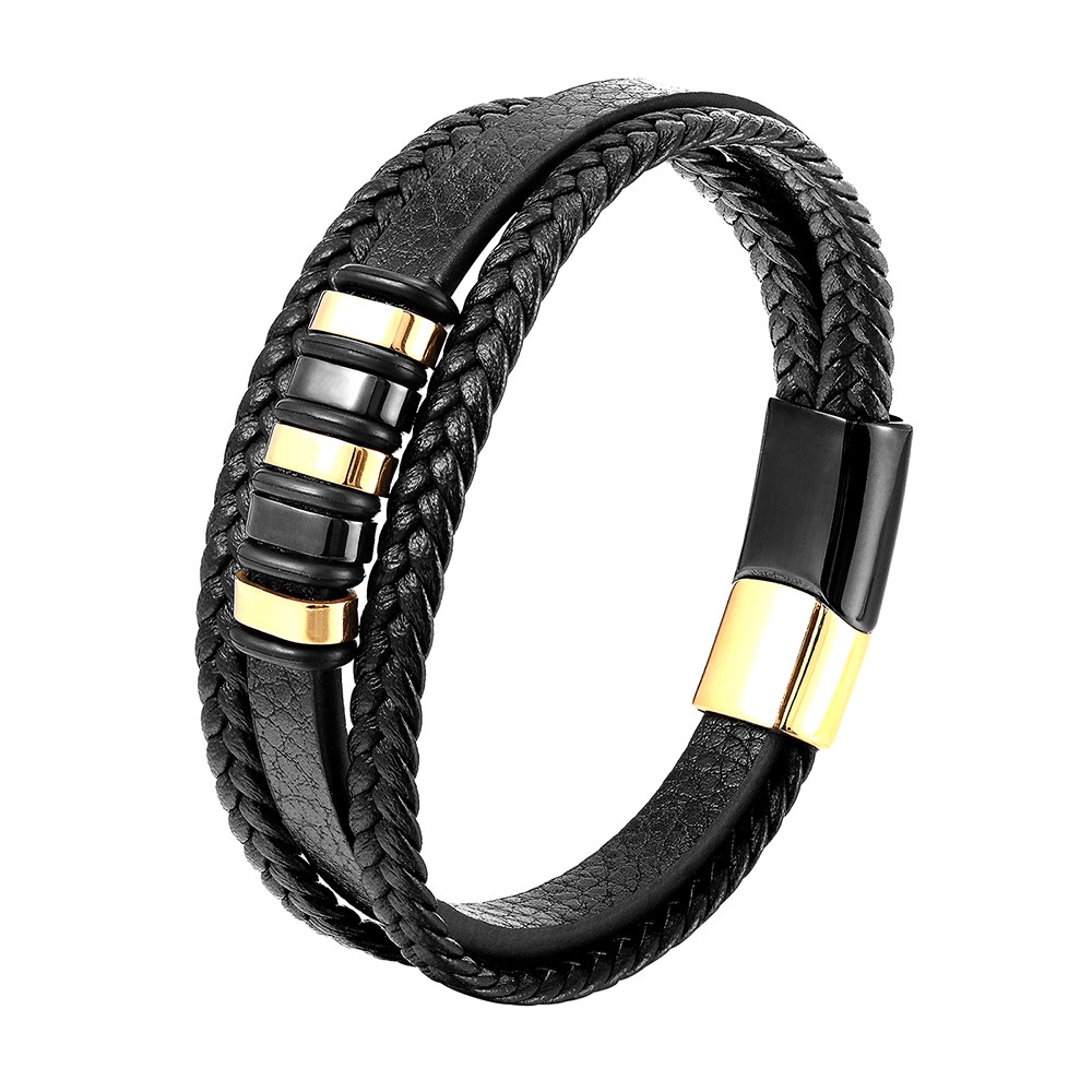 Gelang Multilayer Bahan Kulit Dan Stainless Steel Warna Emas Untuk Pria