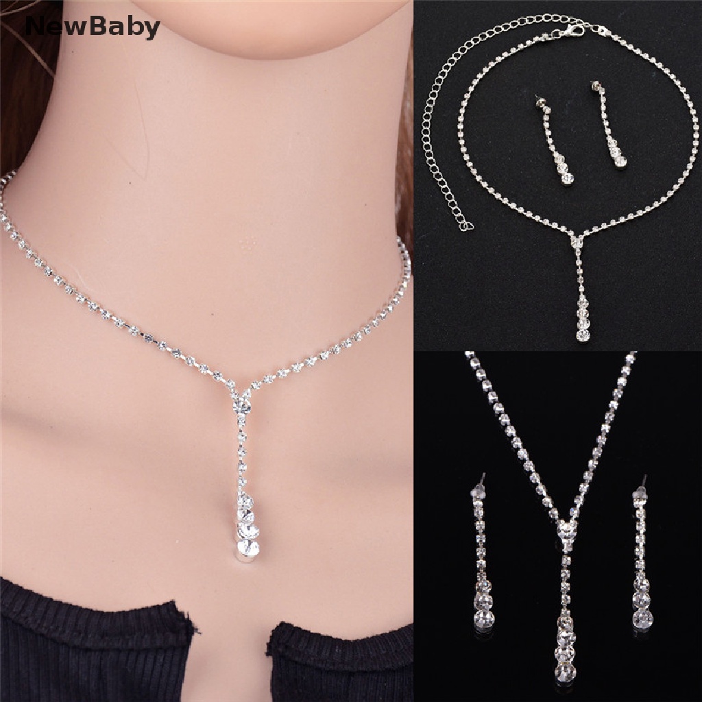 Newbaby 1 Set Kalung + Anting Tusuk Gantung Hias Kristal Berlian Imitasi Untuk Pengantin Wanita