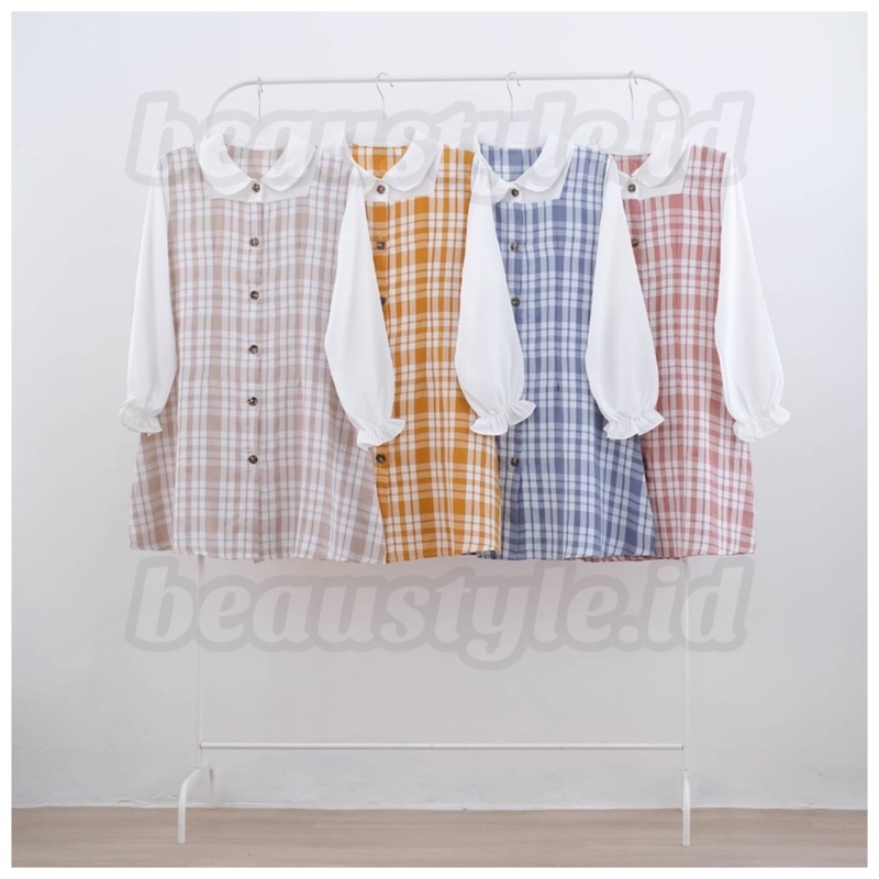 Yoon Dress - Korean Plaid Mini Overall Dress Tunik Kotak Kotak Tartan Lengan Panjang Korea Terusan T