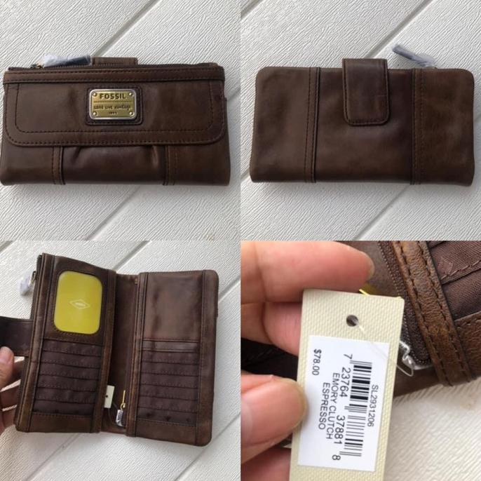 DOMPET WANITA ORIGINAL FOSSIL EMORY CLUTCH ESPRESSO NWT termurah