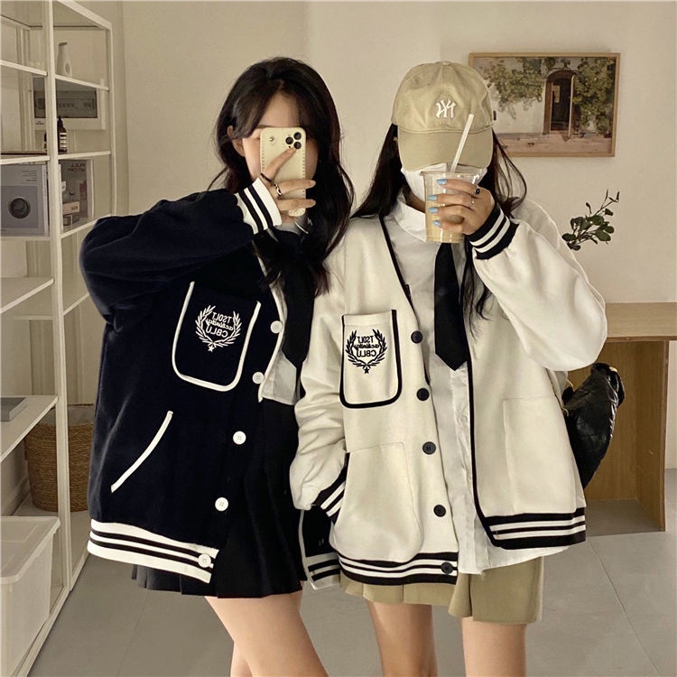 Suhao Jaket Bisbol Jaket Bisbol Musim Gugur Perasaan Lengan Panjang Sweater Olahraga Wanita V-Leher