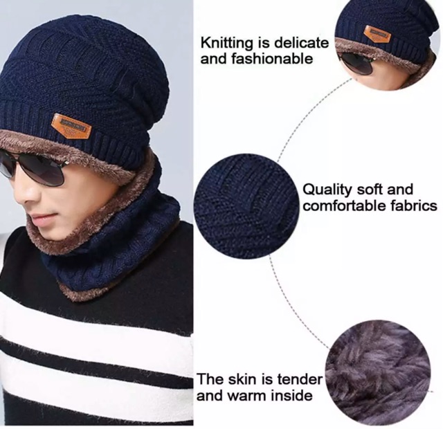 Beanie Hat + Neck warmer 1 set topi kupluk dan penghangat leher winter topi musim dingin hangat pria