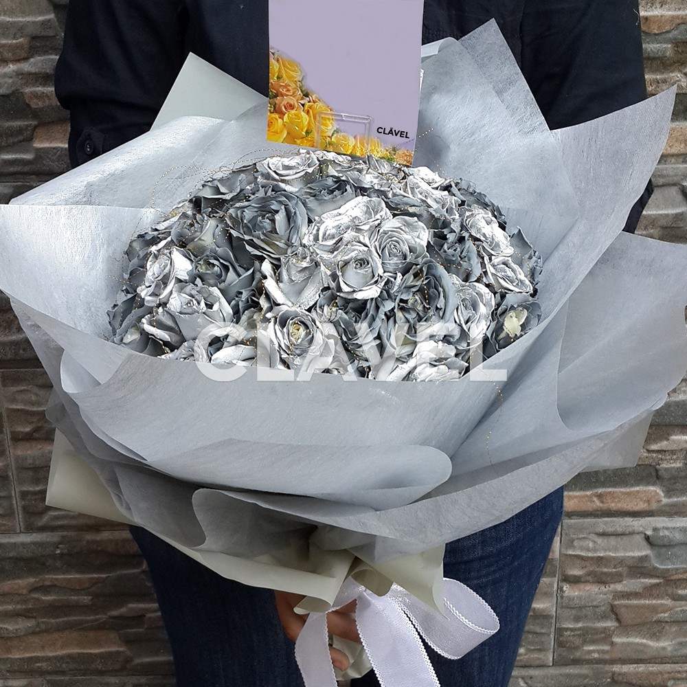 Hand Bouquet Fresh Rose Flower Buket Bunga Asli Tangan Mawar Silver Perak Ulang Tahun Wisuda Lamaran