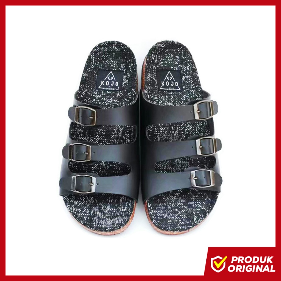 KENICHI III BLACK ORIGINAL x KOJO Sandal Casual Hitam Pria Sendal Slide Santai Keren Kulit Tali 3 03