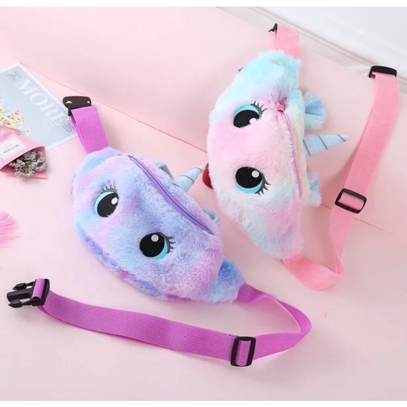 tas waist bag anak unicorn rainbow tas selempang / pinggang bulu unicorn