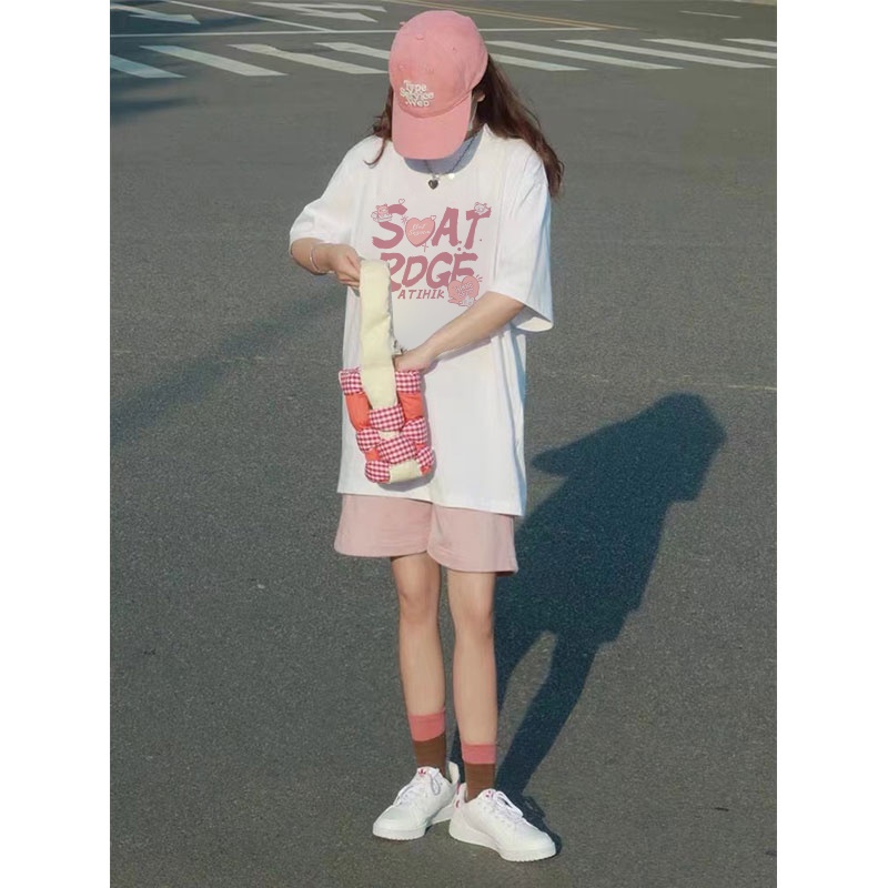 EUNII T-shirt Lengan Pendek Cute Pink English Korean Style/Kaos Atasan Wanita/Baju Kaus Oversize Wanita/Kaos Wanita